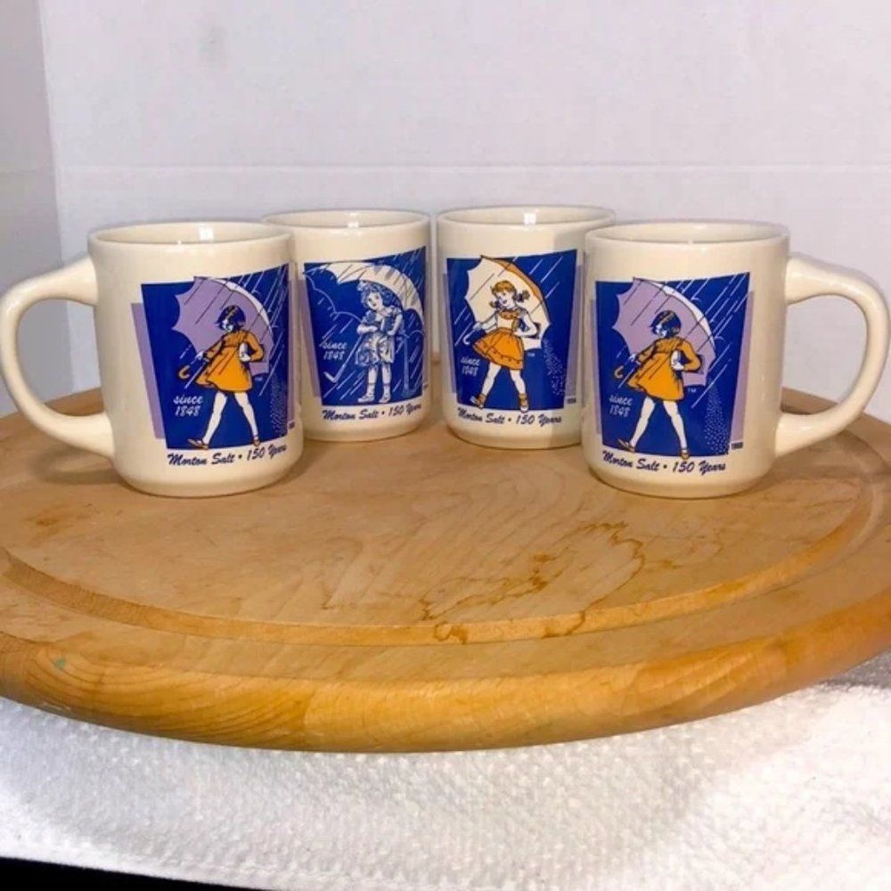 Morton Salt Mugs Umbrella Girl Vintage Collector Set of 4 Cups